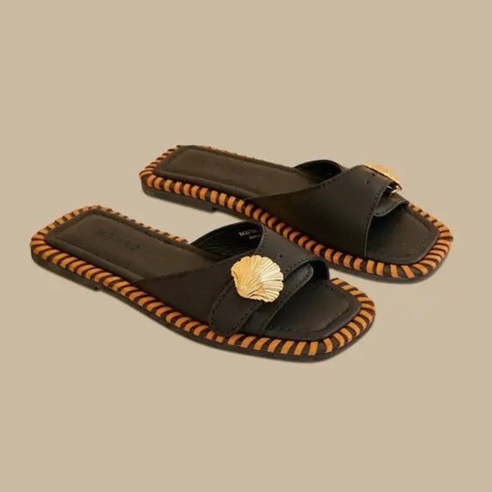 Farm Rio Active Slippers Sandals Black‎ Seashell Slides Size 10 Raffia